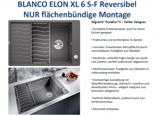 BLANCO Elon XL 6 S-F Silgranit PuraDurII Granitsple Flchenbndig Ablaufsystem InFino mit Drehknopfventil