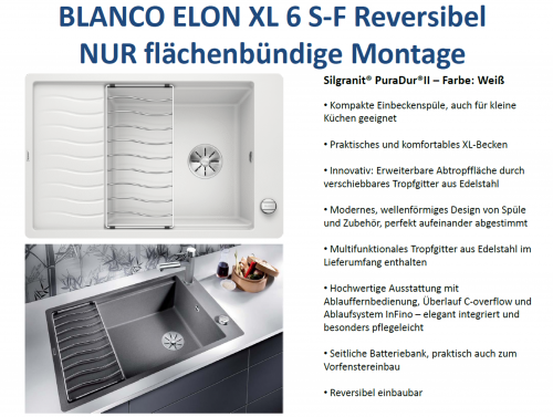 BLANCO Elon XL 6 S-F Silgranit PuraDurII Granitsple Flchenbndig Ablaufsystem InFino mit Drehknopfventil