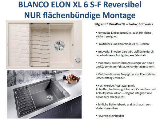 BLANCO Elon XL 6 S-F Silgranit PuraDurII Granitsple Flchenbndig Ablaufsystem InFino mit Drehknopfventil