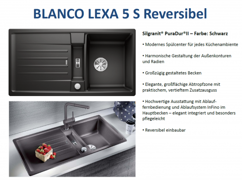 x BLANCO Lexa 5 S Silgranit PuraDurII Granitsple / Einbausple Ablaufsystem InFino mit Drehknopfventil