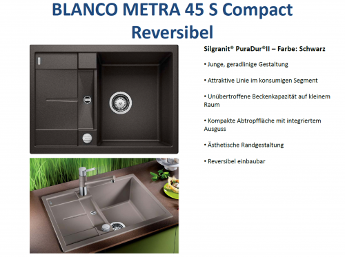 BLANCO Kchensple Metra 45 S Compact Silgranit PuraDurII Granitsple / Einbausple mit Drehknopfventil