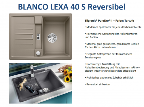 {LAGER} BLANCO Kchensple Lexa 40 S Silgranit PuraDurII Granitsple / Einbausple Ablaufsystem InFino mit Drehknopfventil