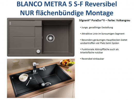 BLANCO Kchensple Metra 5 S-F Silgranit PuraDurII Granitsple Flchenbndig mit Drehknopfventil