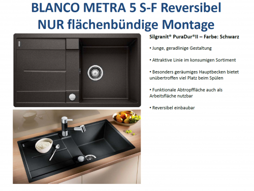 BLANCO Kchensple Metra 5 S-F Silgranit PuraDurII Granitsple Flchenbndig mit Drehknopfventil