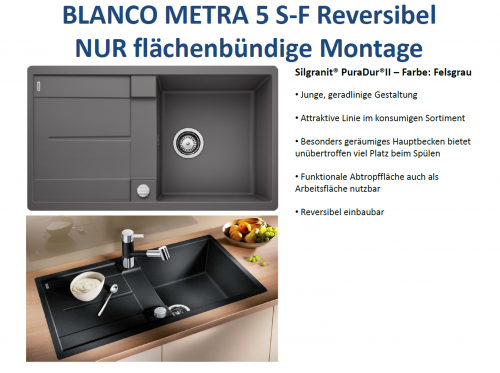 BLANCO Kchensple Metra 5 S-F Silgranit PuraDurII Granitsple Flchenbndig mit Drehknopfventil