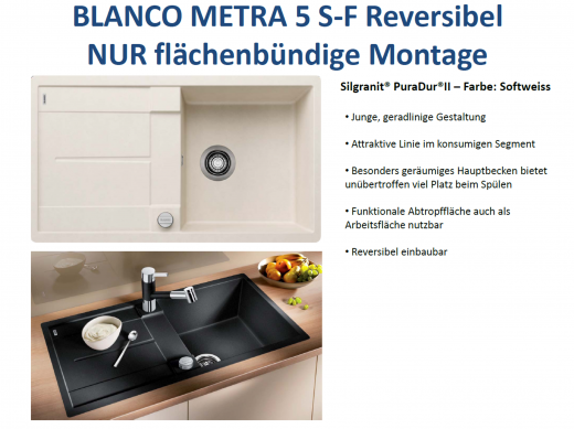 BLANCO Kchensple Metra 5 S-F Silgranit PuraDurII Granitsple Flchenbndig mit Drehknopfventil