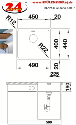 BLANCO Kchensple Andano 450-IF Edelstahlsple / Einbausple Flachrand mit Ablaufsystem InFino und Handbettigung