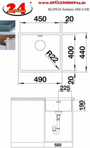 BLANCO Kchensple Andano 450-U Edelstahlsple / Unterbaubecken mit Ablaufsystem InFino und Handbettigung