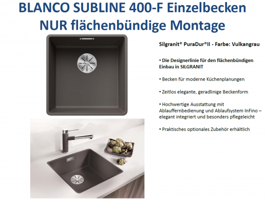 BLANCO Subline 400-F Silgranit PuraDurII Granitsple Flchenbndig Ablaufsystem InFino mit Handbettigung