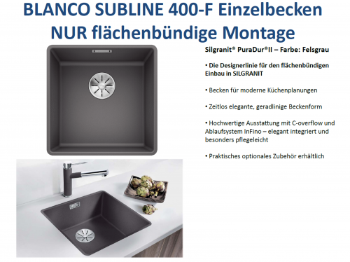 BLANCO Subline 400-F Silgranit PuraDurII Granitsple Flchenbndig Ablaufsystem InFino mit Handbettigung