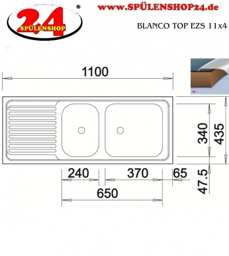 BLANCO Kchensple TOP EZS 11x4 ohne Hahnlochbohrung Edelstahlsple / Einbausple Ablauf mit Gummistopfen