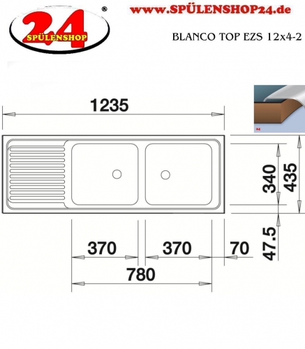 BLANCO Kchensple TOP EZS 12x4-2 ohne Hahnlochbohrung Edelstahlsple / Einbausple Ablauf mit Gummistopfen