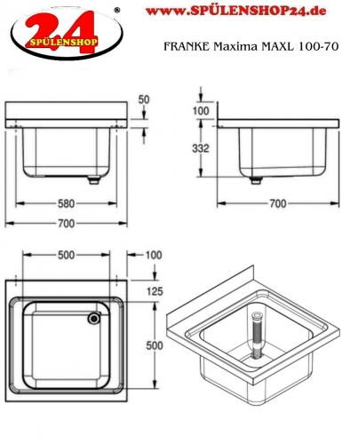 KWC PROFESSIONAL Maxima MAXL 100-70 Gewerbesple Auflage / Abdeckung fr Spltisch 1 Becken (700x700mm)