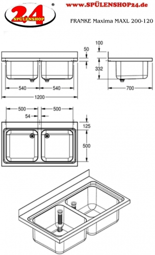 KWC PROFESSIONAL Maxima MAXL 200-120 Gewerbesple Auflage / Abdeckung fr Spltisch 2 Becken (1200x700mm)