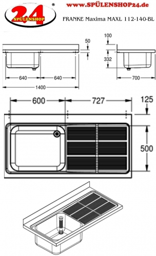 KWC PROFESSIONAL Maxima MAXL 112-140-BL Gewerbesple Auflage / Abdeckung fr Spltisch Becken links (1400x700mm)