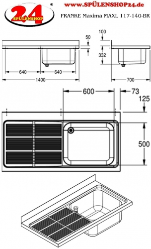 KWC PROFESSIONAL Maxima MAXL 117-140-BR Gewerbesple Auflage / Abdeckung fr Spltisch Becken rechts (1400x700mm)