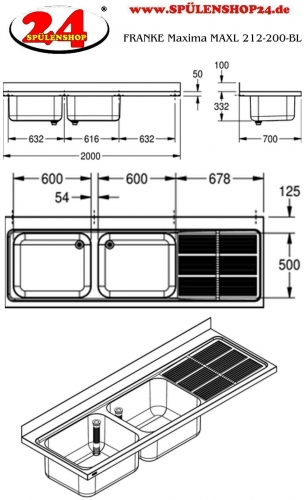 KWC PROFESSIONAL Maxima MAXL 212-200-BL Gewerbesple Auflage / Abdeckung fr Spltisch Becken links (2000x700mm)