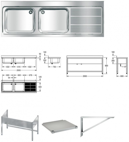 KWC PROFESSIONAL Maxima MAXL 212-200-BL Gewerbesple Auflage / Abdeckung fr Spltisch Becken links (2000x700mm)