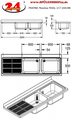 KWC PROFESSIONAL Maxima MAXL 217-200-BR Gewerbesple Auflage / Abdeckung fr Spltisch Becken rechts (2000x700mm)