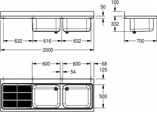 KWC PROFESSIONAL Maxima MAXL 217-200-BR Gewerbesple Auflage / Abdeckung fr Spltisch Becken rechts (2000x700mm)