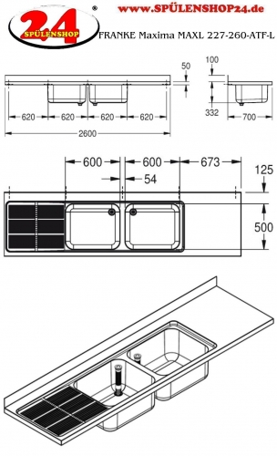 KWC PROFESSIONAL Maxima MAXL 227-260-ATF-L Gewerbesple Auflage / Abdeckung fr Spltisch Becken mittig (2600x700mm)