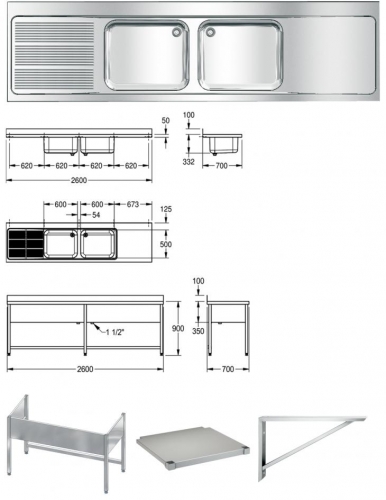 KWC PROFESSIONAL Maxima MAXL 227-260-ATF-L Gewerbesple Auflage / Abdeckung fr Spltisch Becken mittig (2600x700mm)