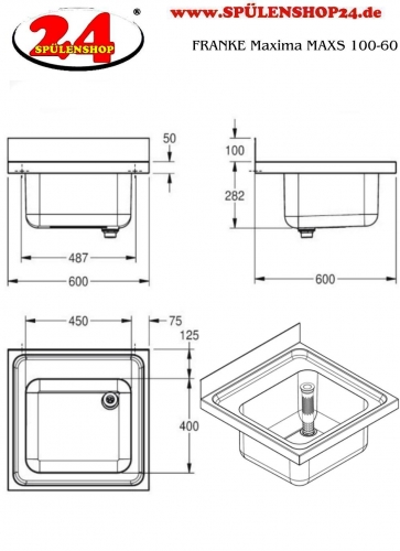 KWC PROFESSIONAL Maxima MAXS 100-60 Gewerbesple Auflage / Abdeckung fr Spltisch 1 Becken (600x600mm)