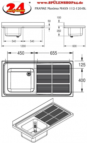 KWC PROFESSIONAL Maxima MAXS 112-120-BL Gewerbesple Auflage / Abdeckung fr Spltisch Becken links (1200x600mm)