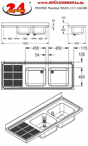 KWC PROFESSIONAL Maxima MAXS 217-160-BR Gewerbesple Auflage / Abdeckung fr Spltisch Becken rechts (1600x600mm)