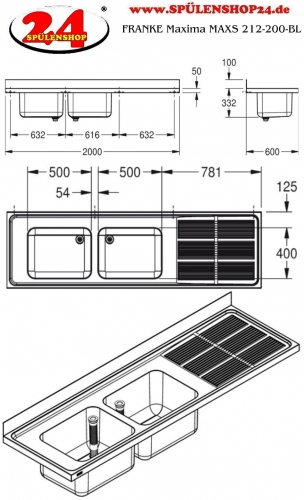 KWC PROFESSIONAL Maxima MAXS 212-200-BL Gewerbesple Auflage / Abdeckung fr Spltisch Becken links (2000x600mm)