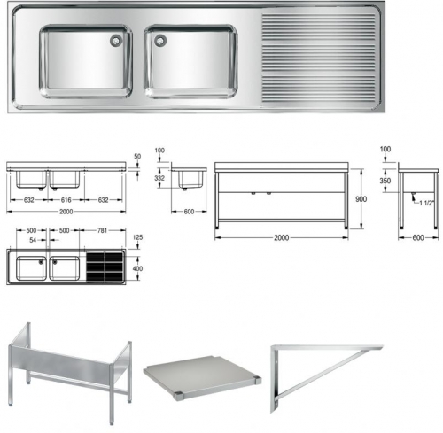 KWC PROFESSIONAL Maxima MAXS 212-200-BL Gewerbesple Auflage / Abdeckung fr Spltisch Becken links (2000x600mm)