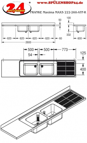 KWC PROFESSIONAL Maxima MAXS 222-260-Abtropfflche rechts Gewerbesple Auflage / Abdeckung fr Spltisch Becken mittig (2600x600mm)