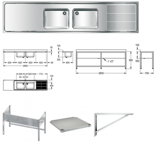 KWC PROFESSIONAL Maxima MAXS 222-260-Abtropfflche rechts Gewerbesple Auflage / Abdeckung fr Spltisch Becken mittig (2600x600mm)