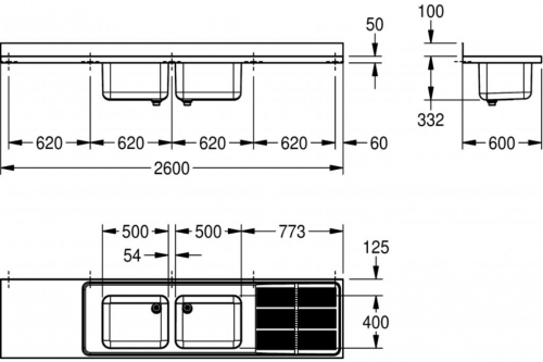 KWC PROFESSIONAL Maxima MAXS 222-260-Abtropfflche rechts Gewerbesple Auflage / Abdeckung fr Spltisch Becken mittig (2600x600mm)