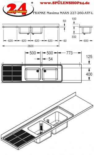 KWC PROFESSIONAL Maxima MAXS 227-260 Abtropfflche links Gewerbesple Auflage / Abdeckung fr Spltisch Becken mittig (2600x600mm)