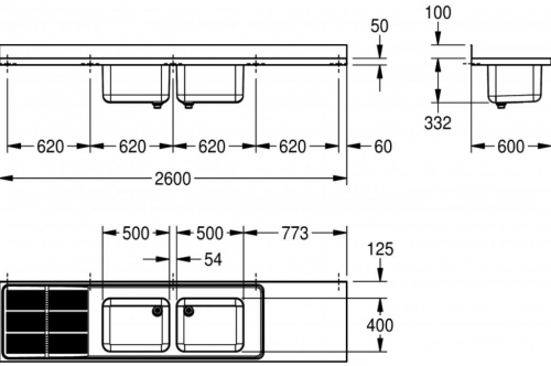 KWC PROFESSIONAL Maxima MAXS 227-260 Abtropfflche links Gewerbesple Auflage / Abdeckung fr Spltisch Becken mittig (2600x600mm)