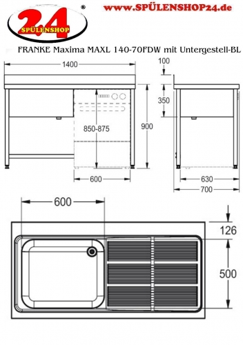 KWC PROFESSIONAL Spltisch Maxima MAXL 140-70FDW mit Untergestell-BL Gewerbesple / Becken links mit Ausnehmung fr Geschirrspler (1400x700mm)