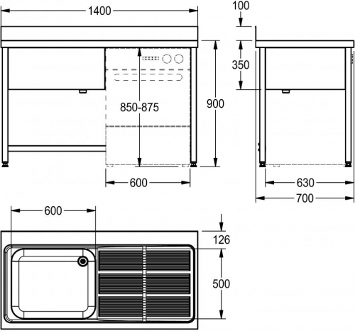 KWC PROFESSIONAL Spltisch Maxima MAXL 140-70FDW mit Untergestell-BL Gewerbesple / Becken links mit Ausnehmung fr Geschirrspler (1400x700mm)