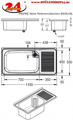 KWC PROFESSIONAL Sirius Mehrzweckbecken BS352 fr Auflage- oder Wandmontage Abtropfflche rechts / Becken links