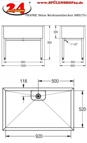 KWC PROFESSIONAL Sirius Werkraumbecken SIRX751 Reinigungsbecken Edelstahl mit Standrohrventil (1000x600mm)