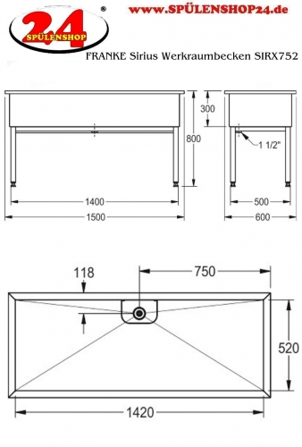 KWC PROFESSIONAL Sirius Werkraumbecken SIRX752 Reinigungsbecken Edelstahl mit Standrohrventil (1500x600mm)