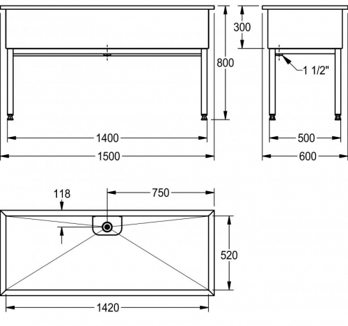 KWC PROFESSIONAL Sirius Werkraumbecken SIRX752 Reinigungsbecken Edelstahl mit Standrohrventil (1500x600mm)