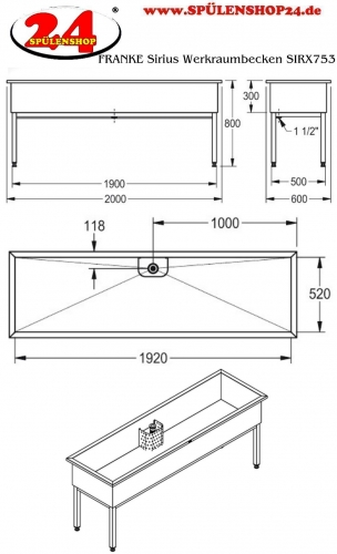 KWC PROFESSIONAL Sirius Werkraumbecken SIRX753 Reinigungsbecken Edelstahl mit Standrohrventil (2000x600mm)