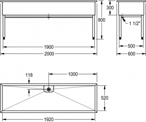 KWC PROFESSIONAL Sirius Werkraumbecken SIRX753 Reinigungsbecken Edelstahl mit Standrohrventil (2000x600mm)