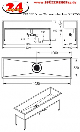 KWC PROFESSIONAL Sirius Werkraumbecken SIRX756 Reinigungsbecken / Schlammfangbecken Edelstahl (2000x600mm)