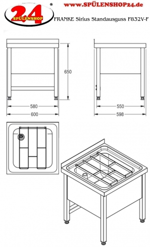 KWC PROFESSIONAL Sirius Standausguss F832V-F fugenlos eingeschweites Becken Untergestell verschweit fr medizinischen Bereich