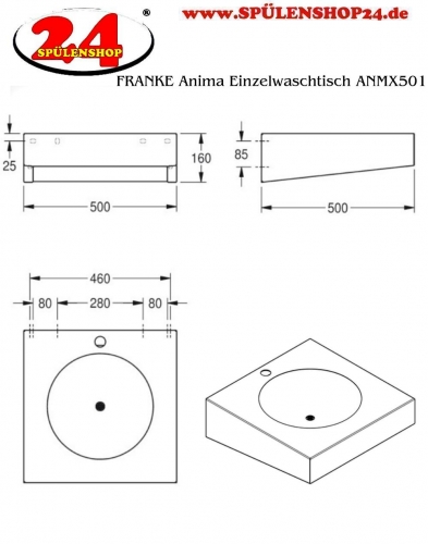 KWC PROFESSIONAL Anima Einzelwaschtisch ANMX501 fr Wandmontage fugenlos eingeschweites Rundbecken mit 1 Hahnlochbohrung mittig  35mm