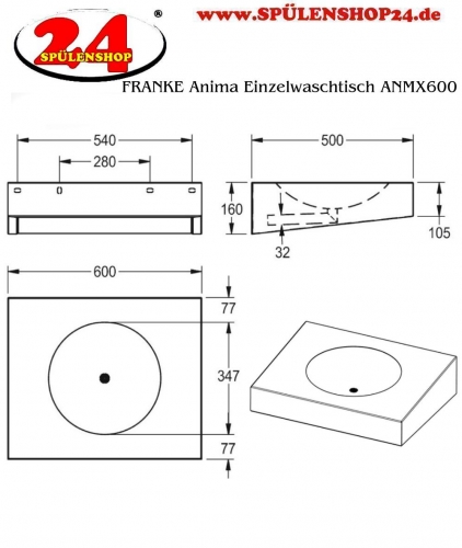 KWC PROFESSIONAL Anima Einzelwaschtisch ANMX600 fr Wandmontage fugenlos eingeschweites Rundbecken ohne Hahnlochbohrung