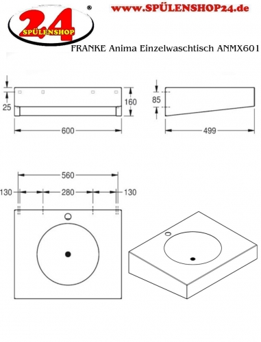 KWC PROFESSIONAL Anima Einzelwaschtisch ANMX601 fr Wandmontage fugenlos eingeschweites Rundbecken mit 1 Hahnlochbohrung mittig  35mm