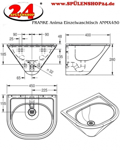 KWC PROFESSIONAL Anima Einzelwaschtisch ANMX450 fr Wandmontage fugenlos eingeschweites Becken